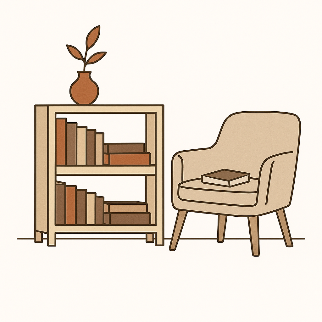 kleines Bücherregal mit nach der KonMari-Methode geordneten Büchern neben Sessel (gezeichnetes Bild) - für Bücher