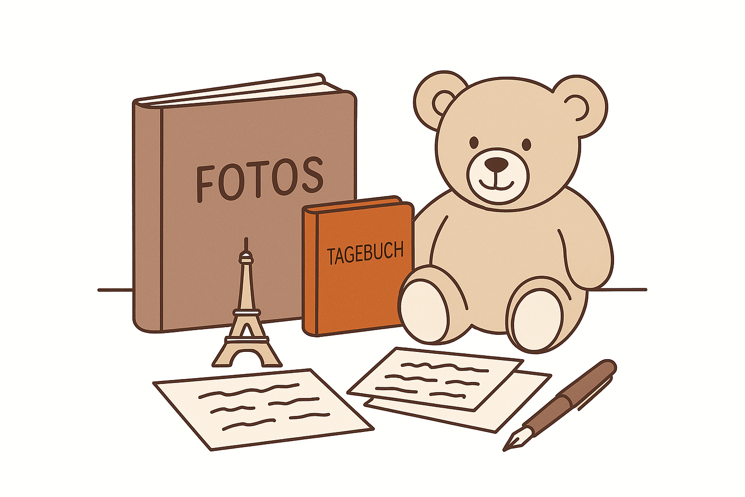 Fotoalbum, Tagebuch, Teddybär, Briefe und Stift auf Schreibtisch (gezeichnetes Bild) - für Sentimentales